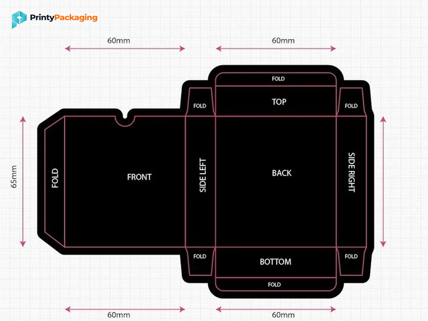 Box dieline with fold lines and dimensions for artwork planning