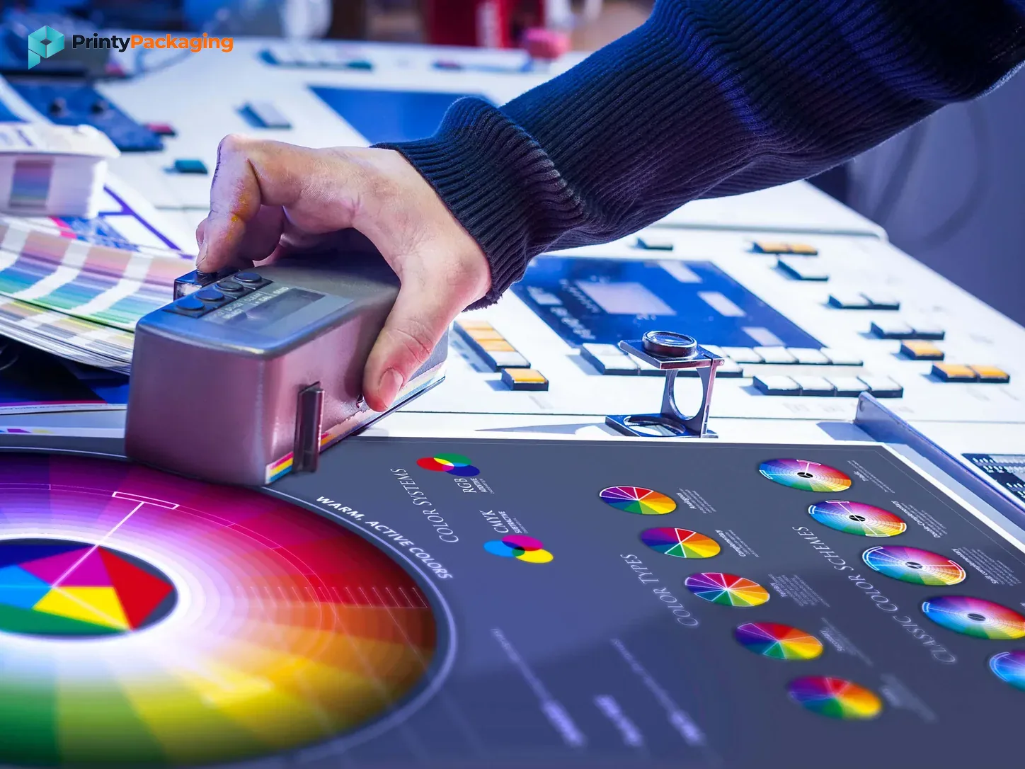Print operator checking colour on a press with colour charts