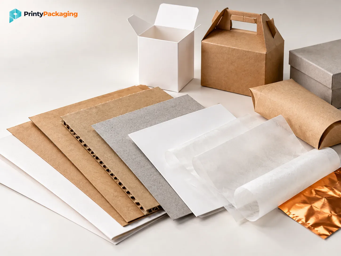 Paperboard, corrugated board and tissue samples beside folding cartons