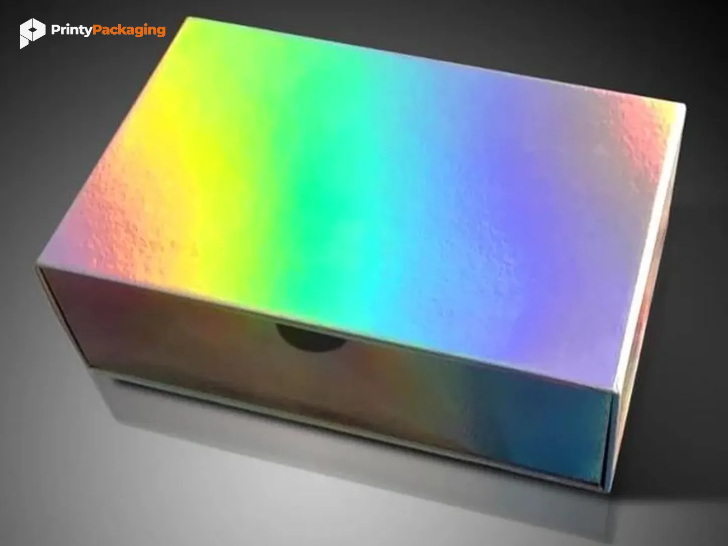 Box with a holographic rainbow foil surface
