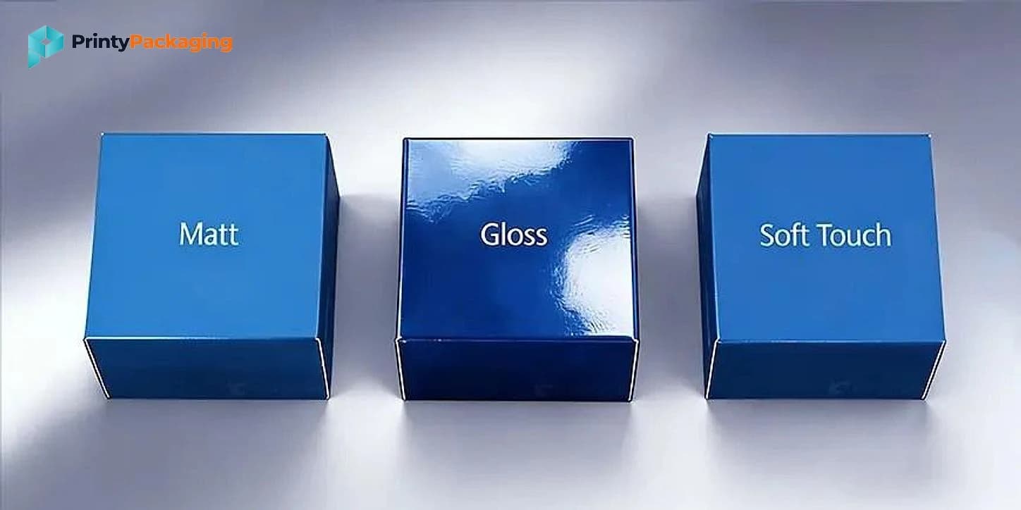 Three blue boxes side by side comparing matte, gloss and soft touch lamination