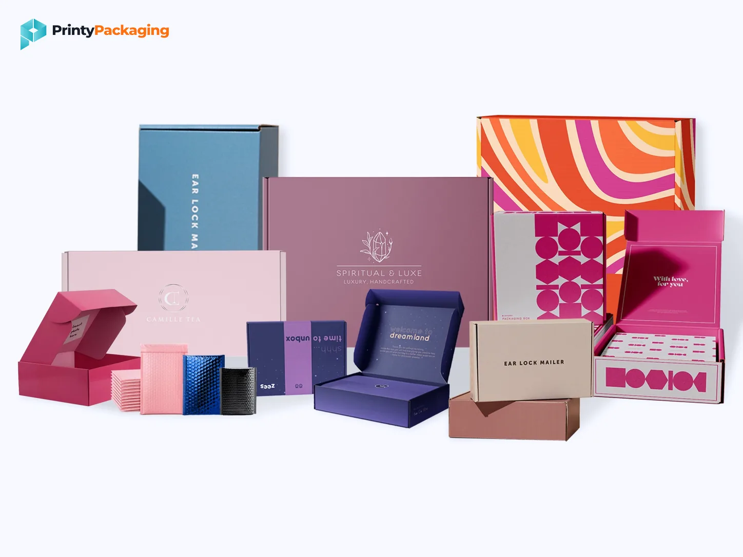 Printy Packaging boxes, bags and labels arranged for production review