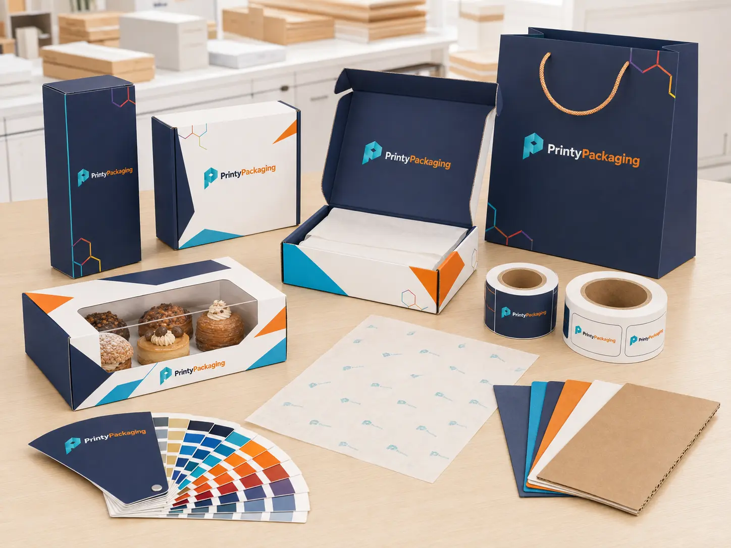 Printy Packaging boxes, bags and labels arranged for production review