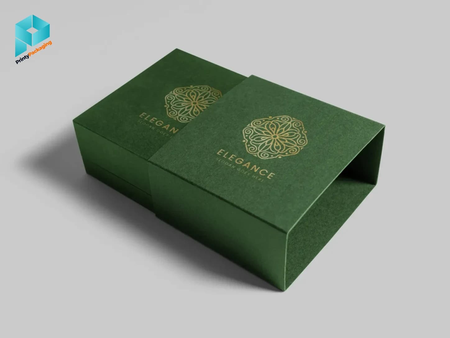 Green sleeve apparel box with gold foil emblem, partly open