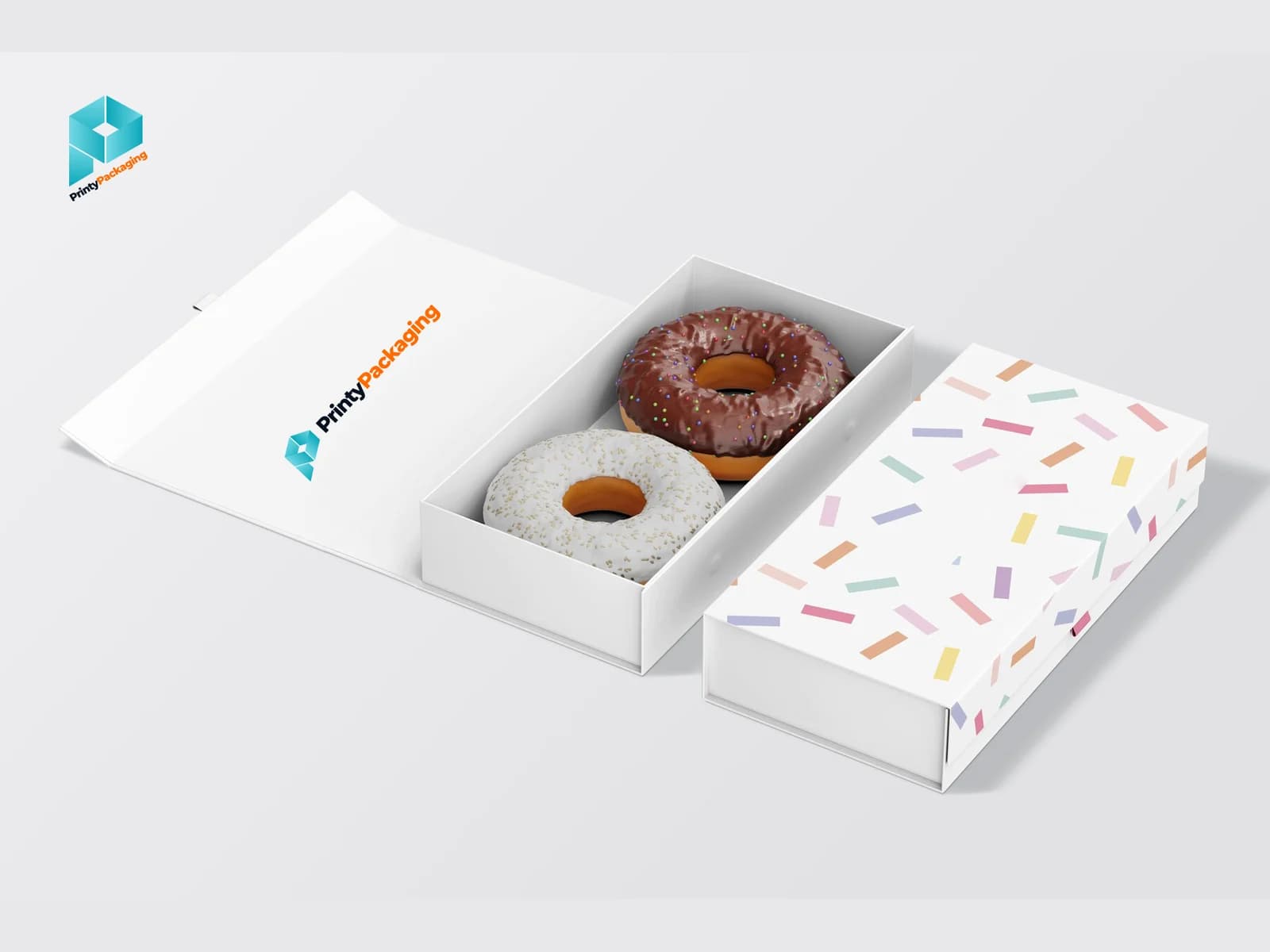 White donut box with a printed sprinkle pattern