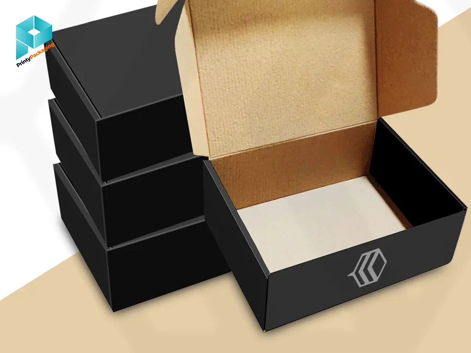Stacked black mailer boxes with a kraft inside