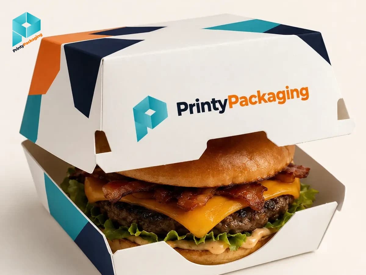 Printy branded burger box holding a stacked cheeseburger