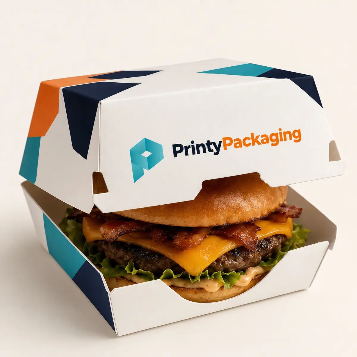 Custom printed burger box with branded food-grade design