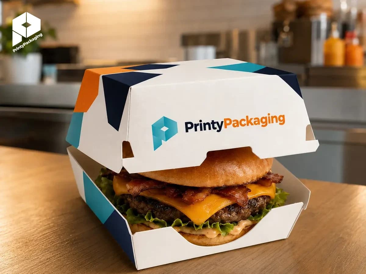 Branded burger box on a restaurant counter