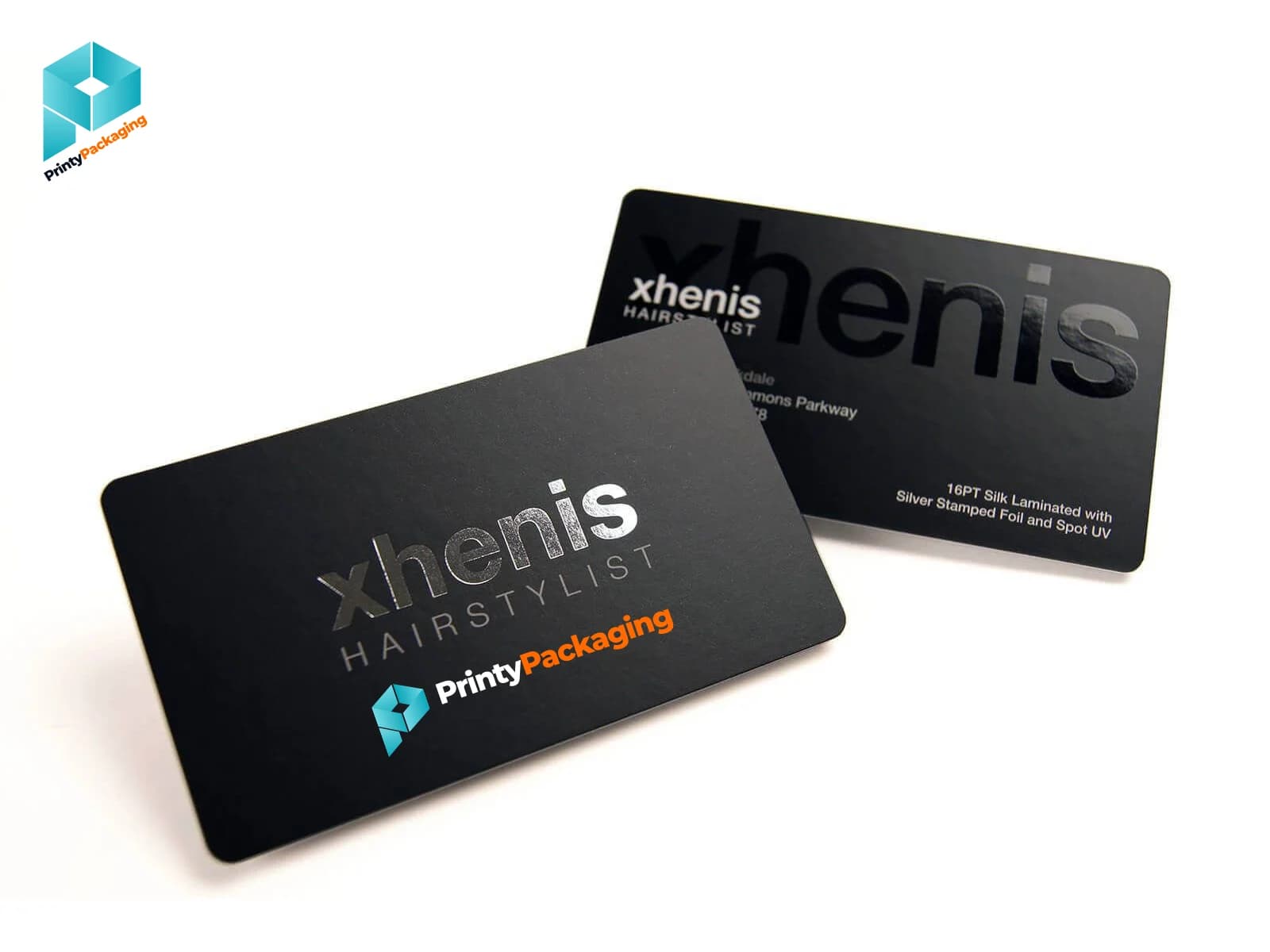 Matte black business cards with spot UV logo and Printy Packaging branding