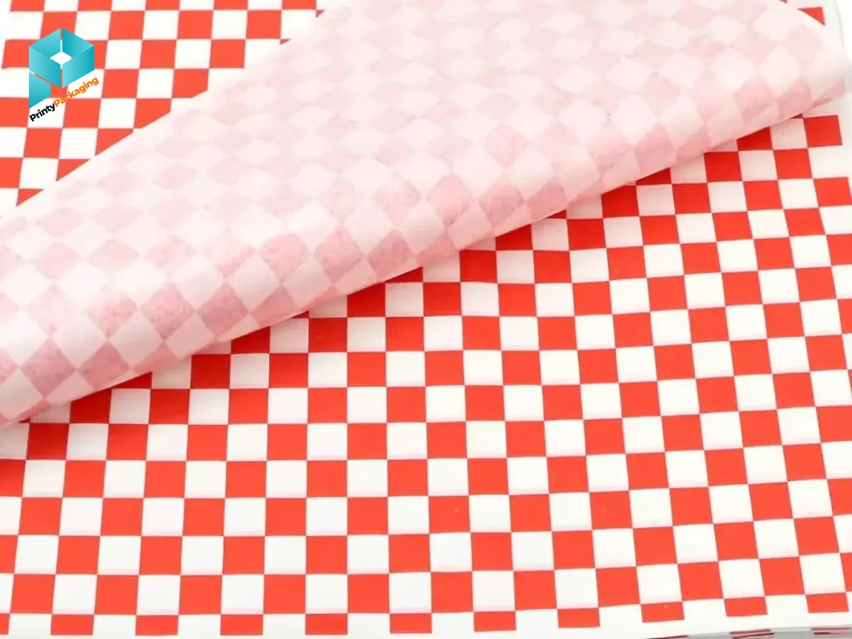 Red and white checkered deli paper sheets for burgers and baskets