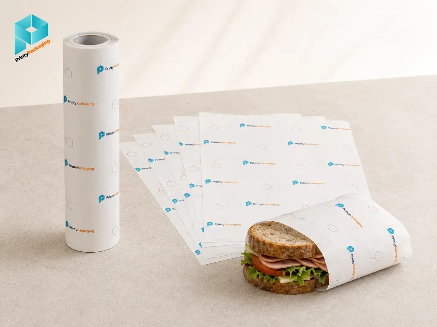 Custom printed butter paper roll, sheets and wrapped sandwich for food brands