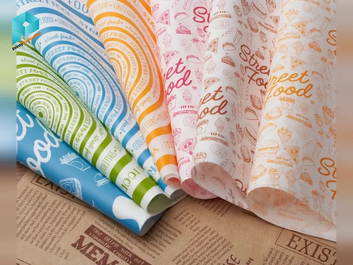 Colourful printed street food wrapping paper sheets in different designs