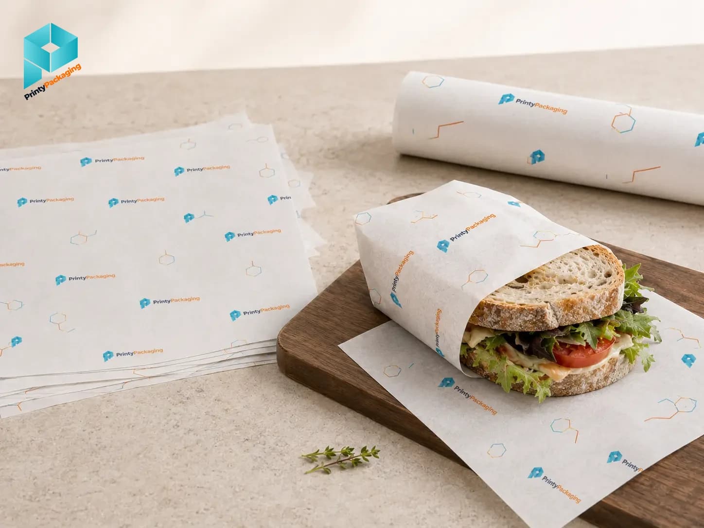Sandwich wrapped in Printy branded butter paper for cafes and restaurants