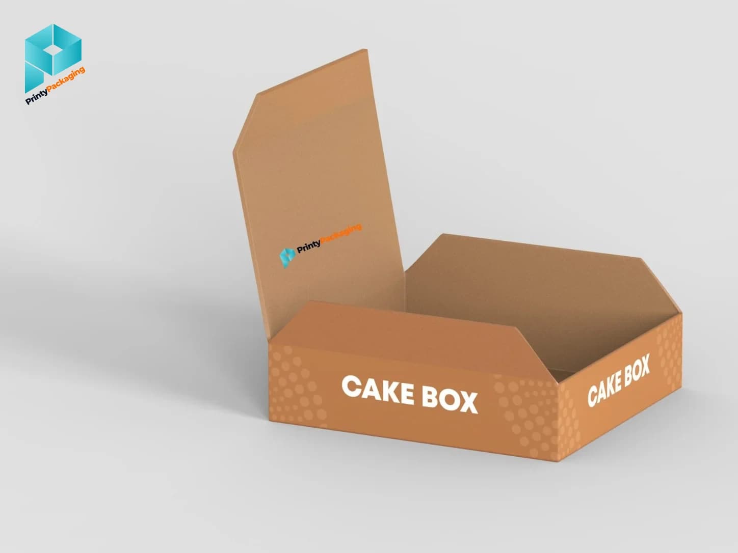 Orange printed cake box with the Printy Packaging logo, lid open