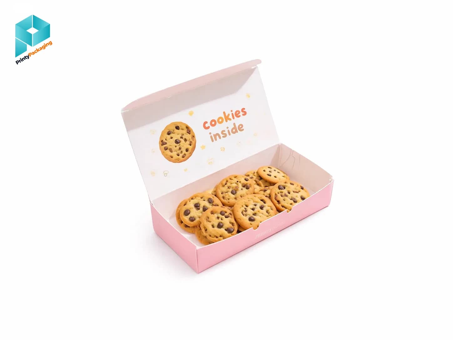 Pink cookie box open with cookies inside