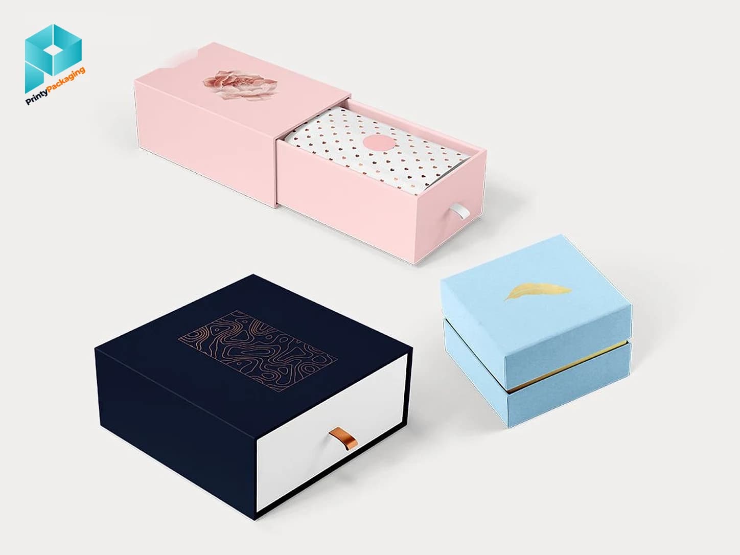 Pink, navy and blue drawer-style rigid boxes