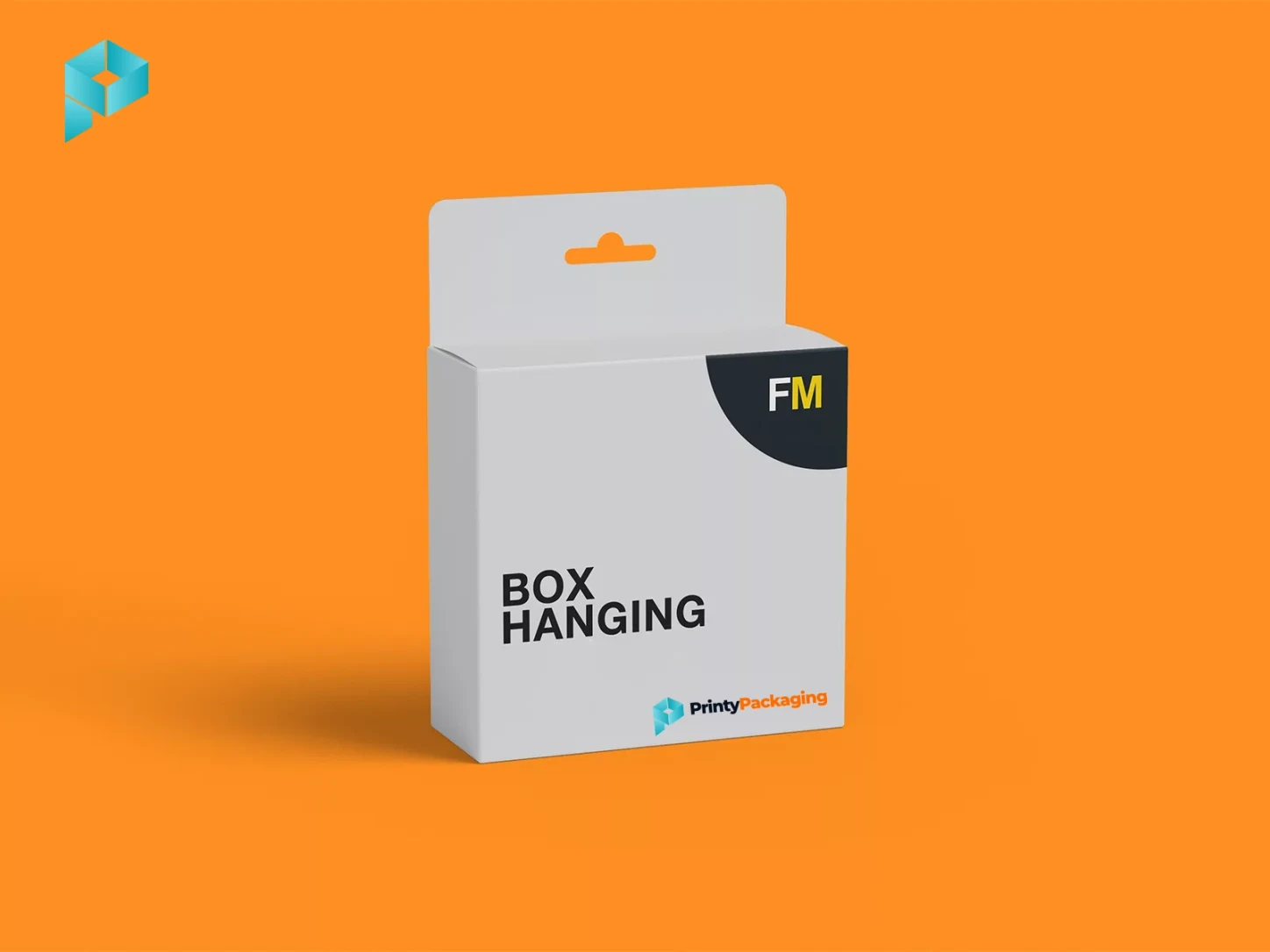 White folding carton with a hang tab and Printy Packaging branding