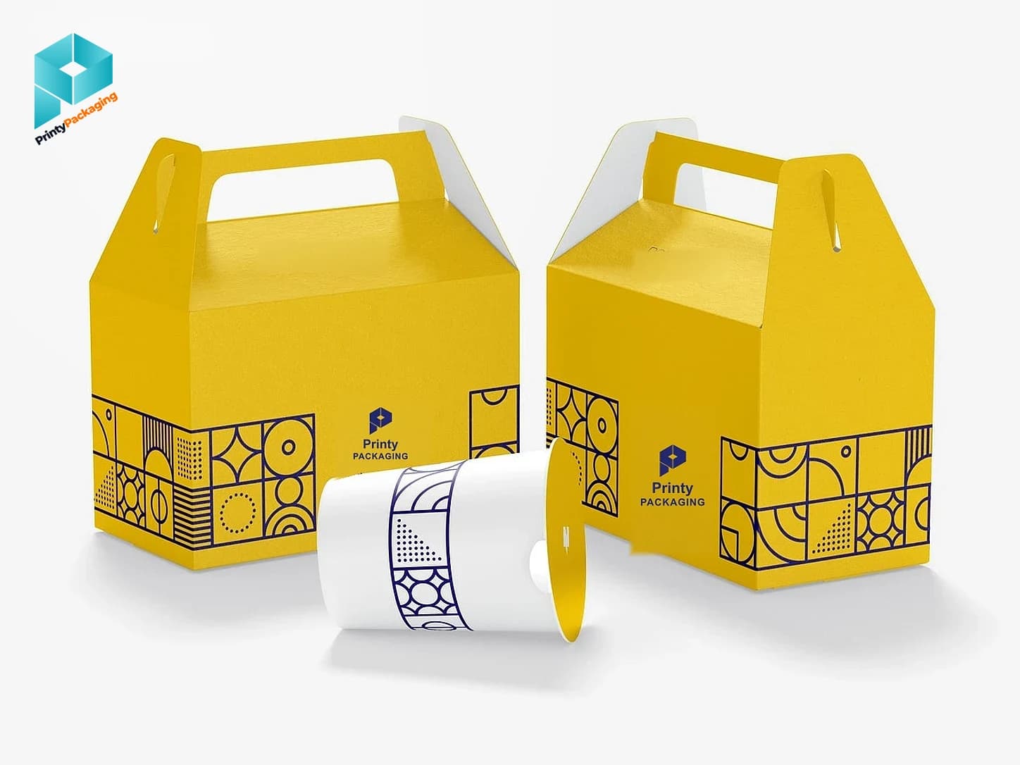Yellow gable boxes with navy Printy Packaging logos