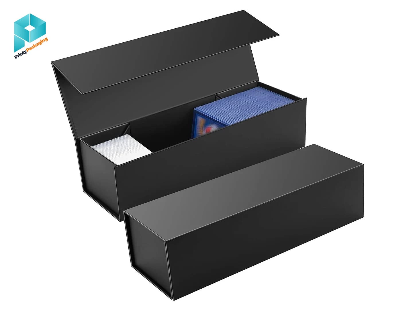 Long black magnetic gift box with the lid open