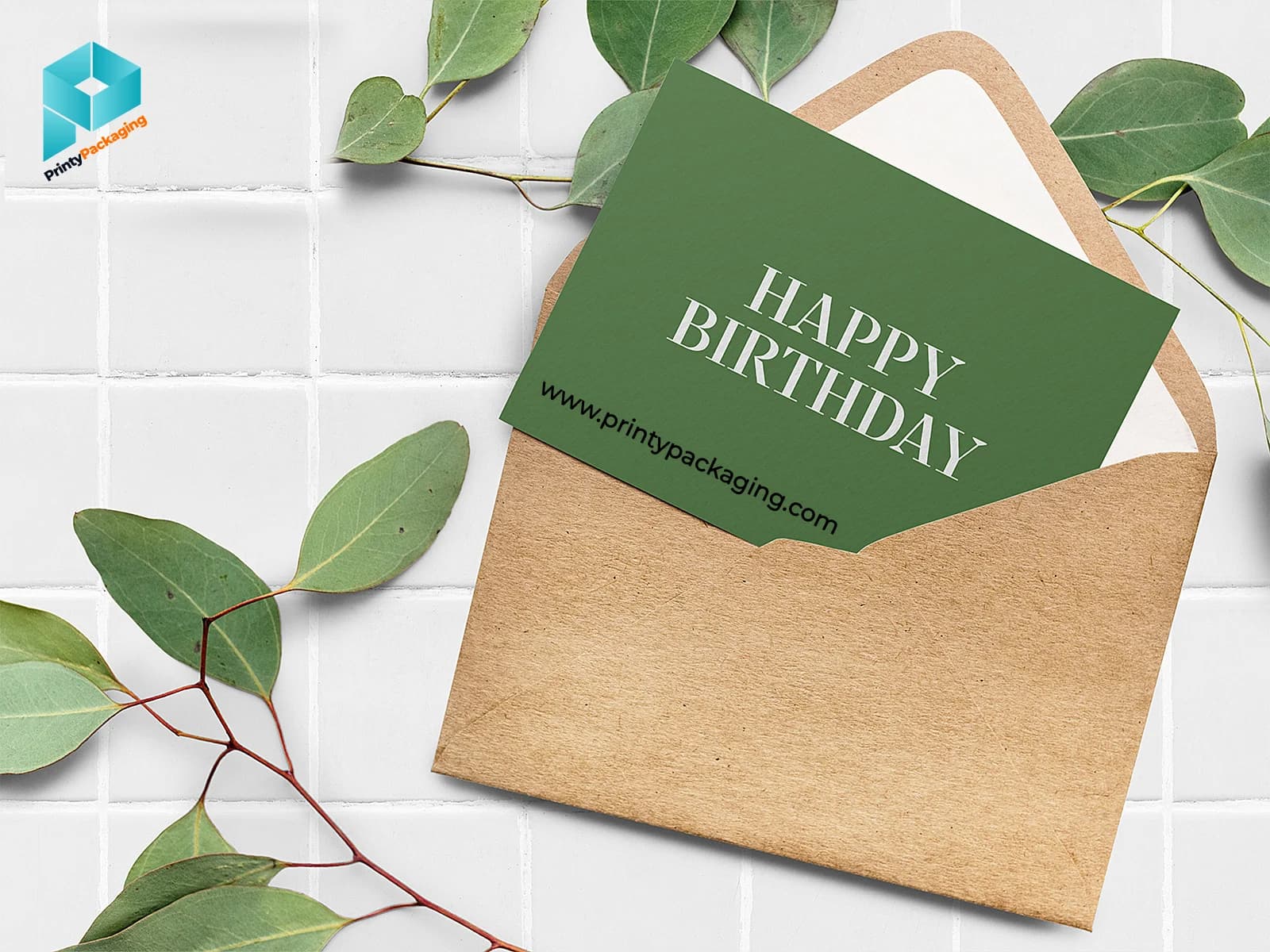 Green happy birthday greeting card in a kraft envelope
