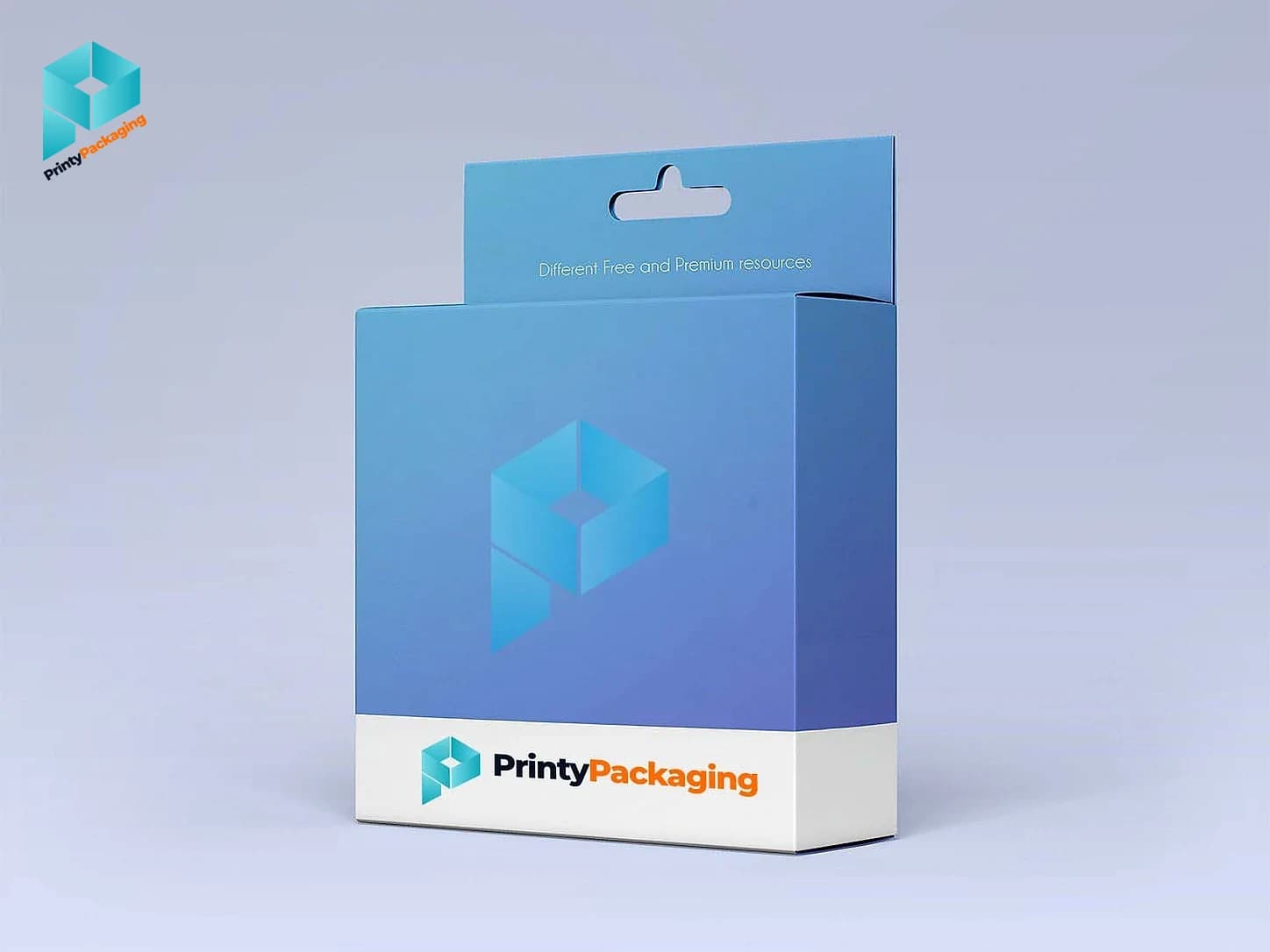 Blue hang tab box with Printy Packaging branding