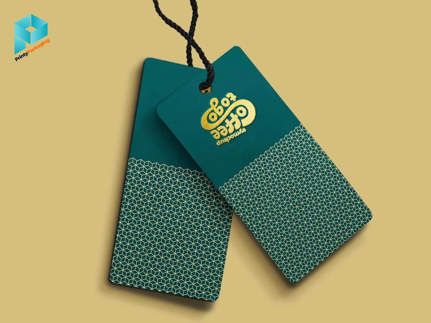 Pair of green hang tags with gold foil logo and printed pattern