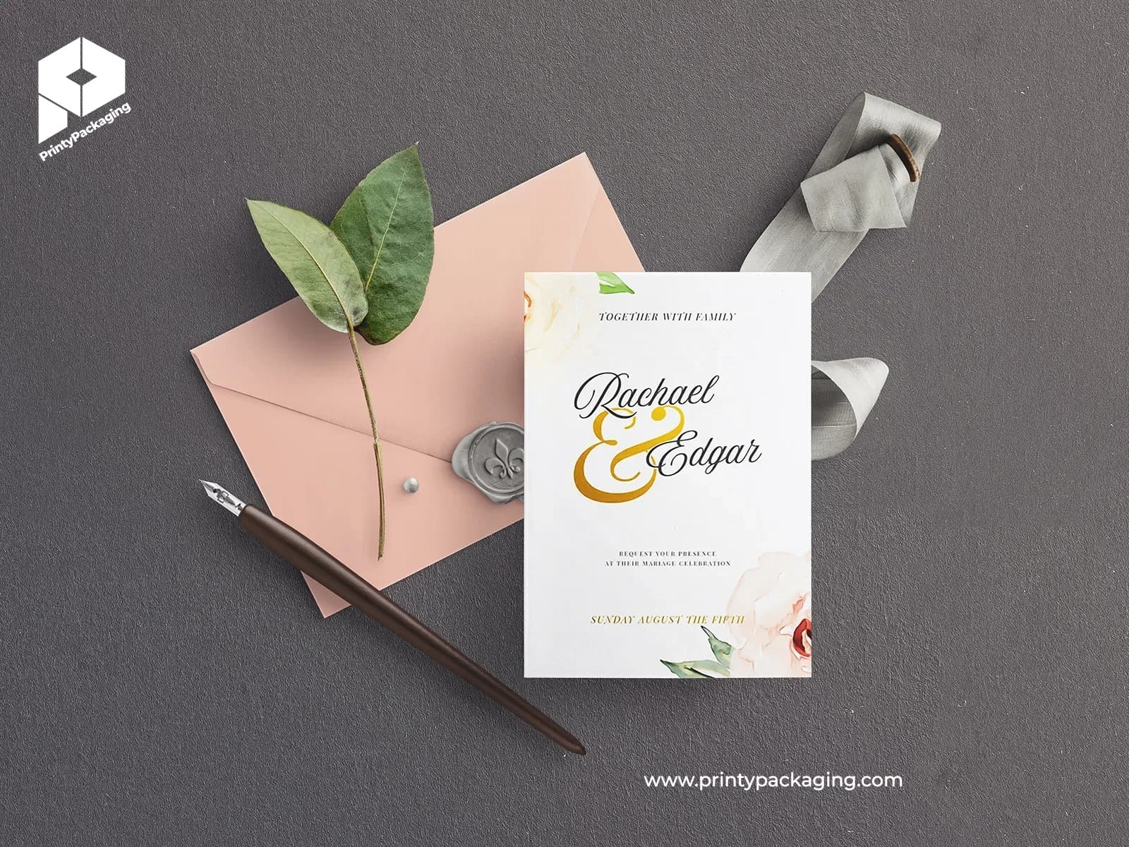 Wedding invitation card with gold names, envelope and wax seal