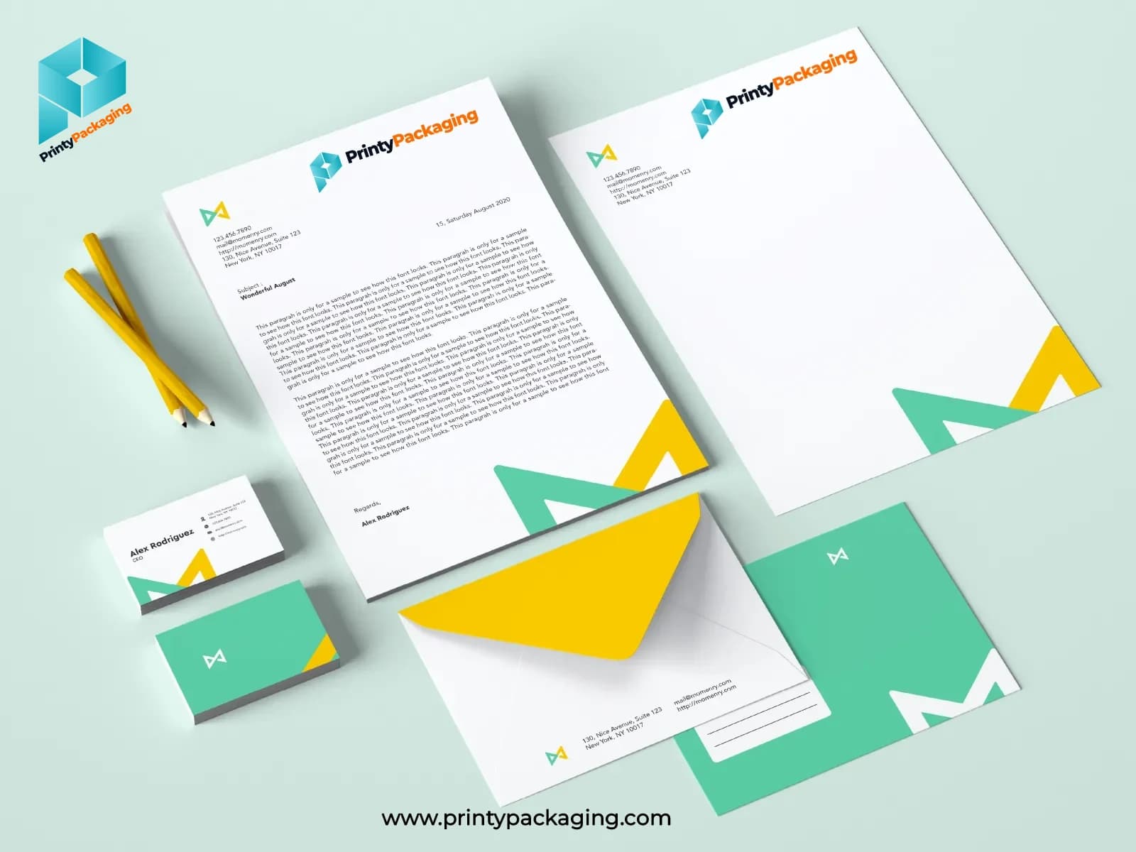 Branded letterheads with matching envelope and business cards in a stationery set