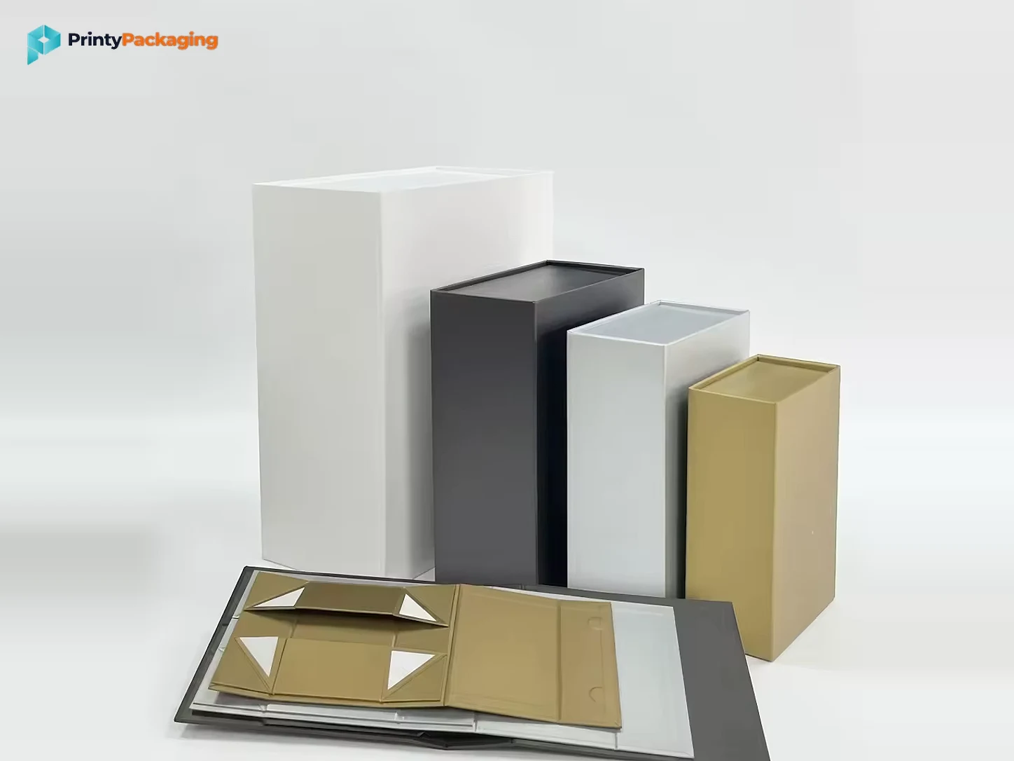 Range of collapsible luxury rigid boxes in white, grey, silver and gold