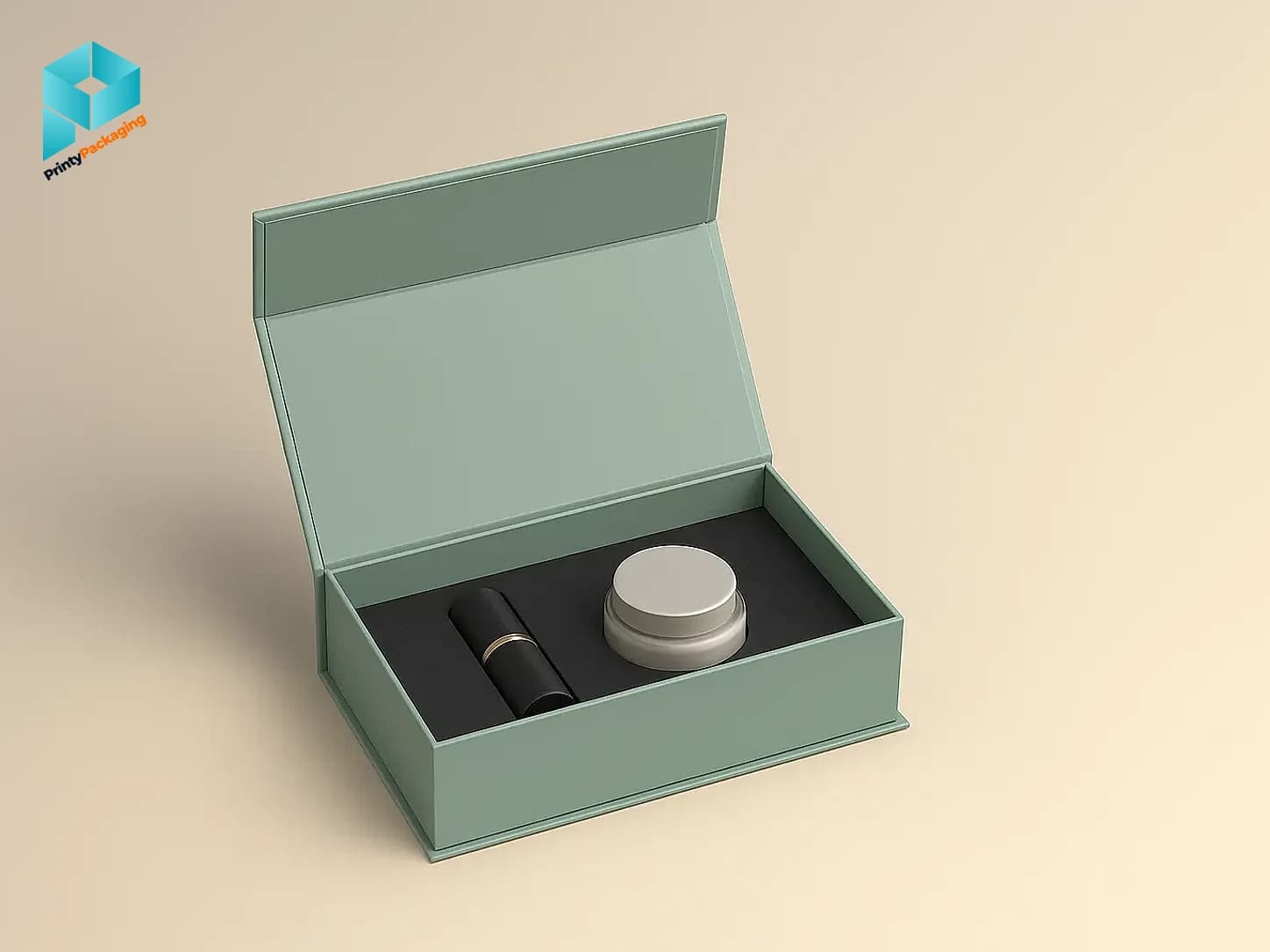 Sage green magnetic rigid box holding a skincare jar and serum