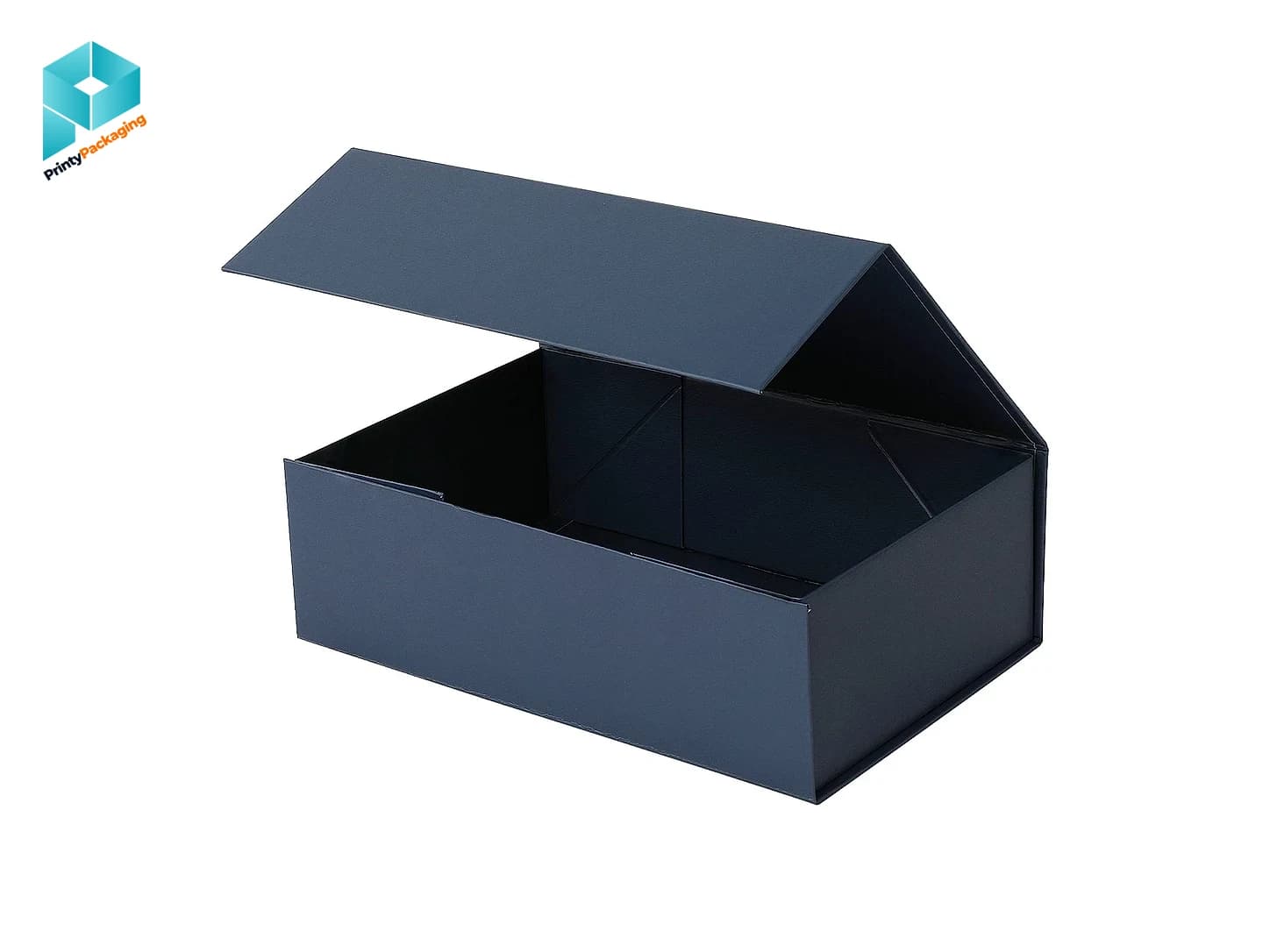 Navy magnetic closure rigid box with the lid open