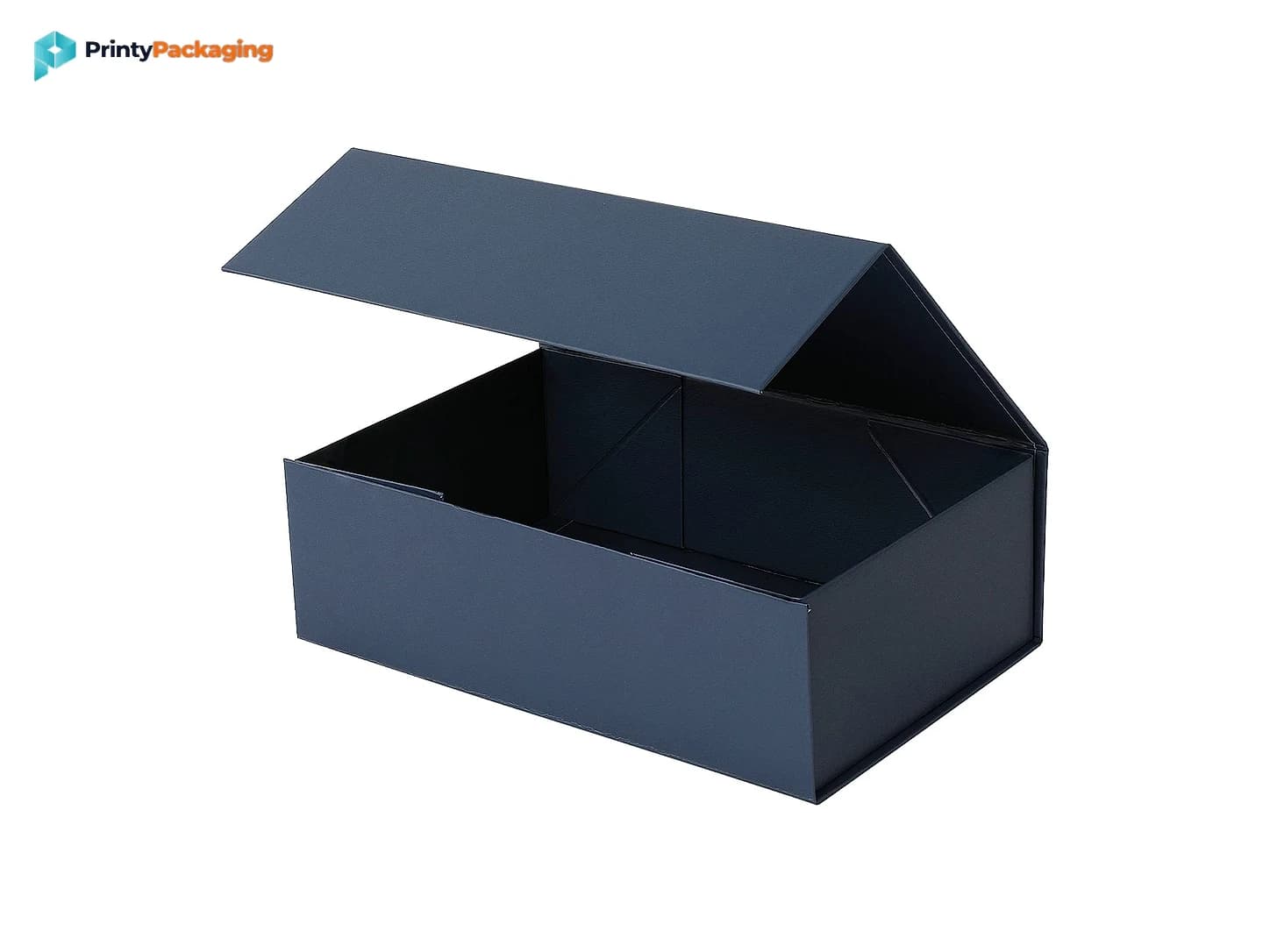 Navy magnetic closure rigid box with the lid open