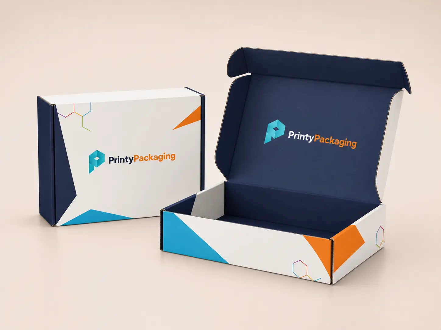 Open and closed custom printed mailer boxes in Printy Packaging branding