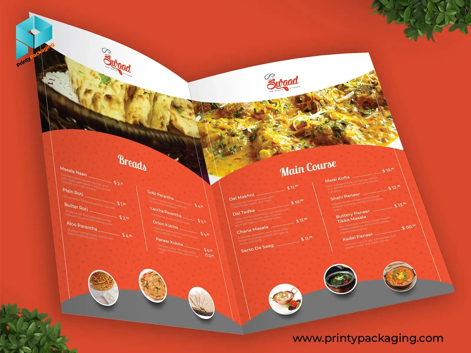Open restaurant menu printed in full colour with food photos