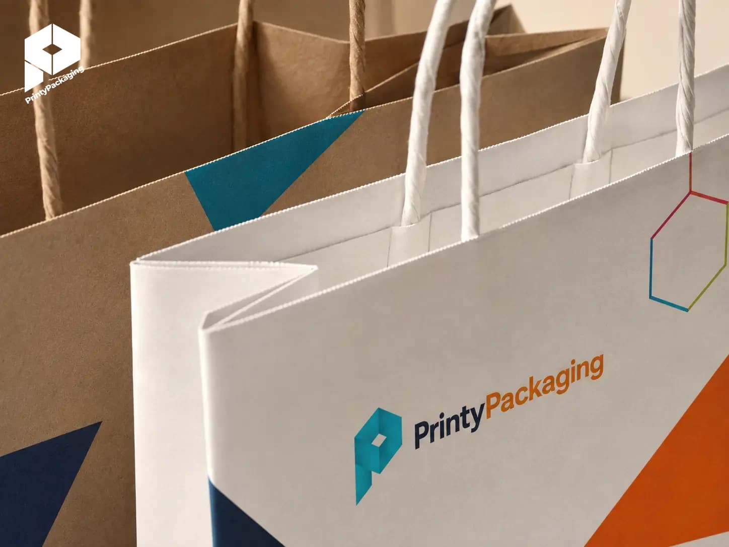 Close-up of printed logo and handle on a branded paper bag