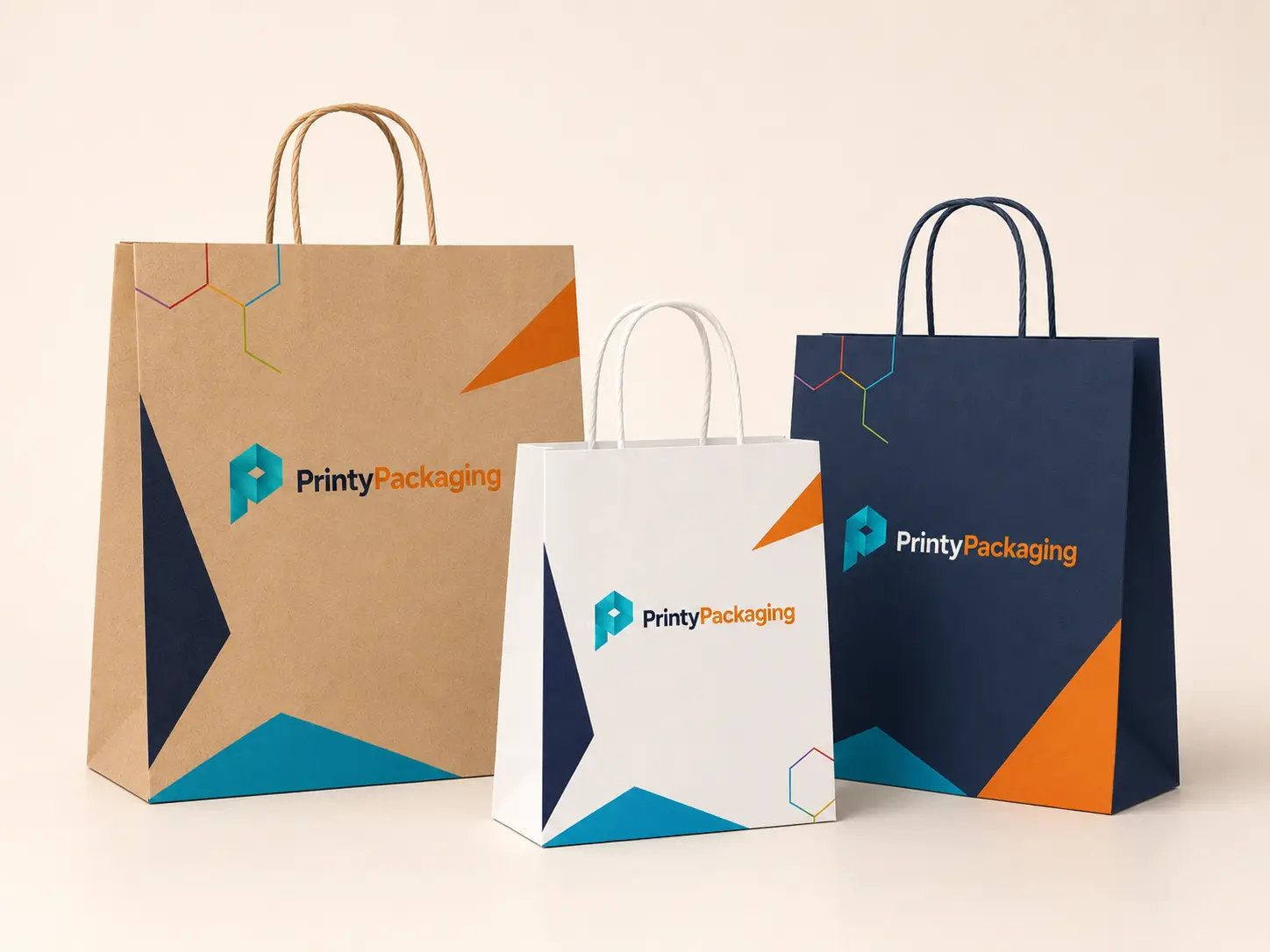Custom kraft, white and navy paper shopping bags