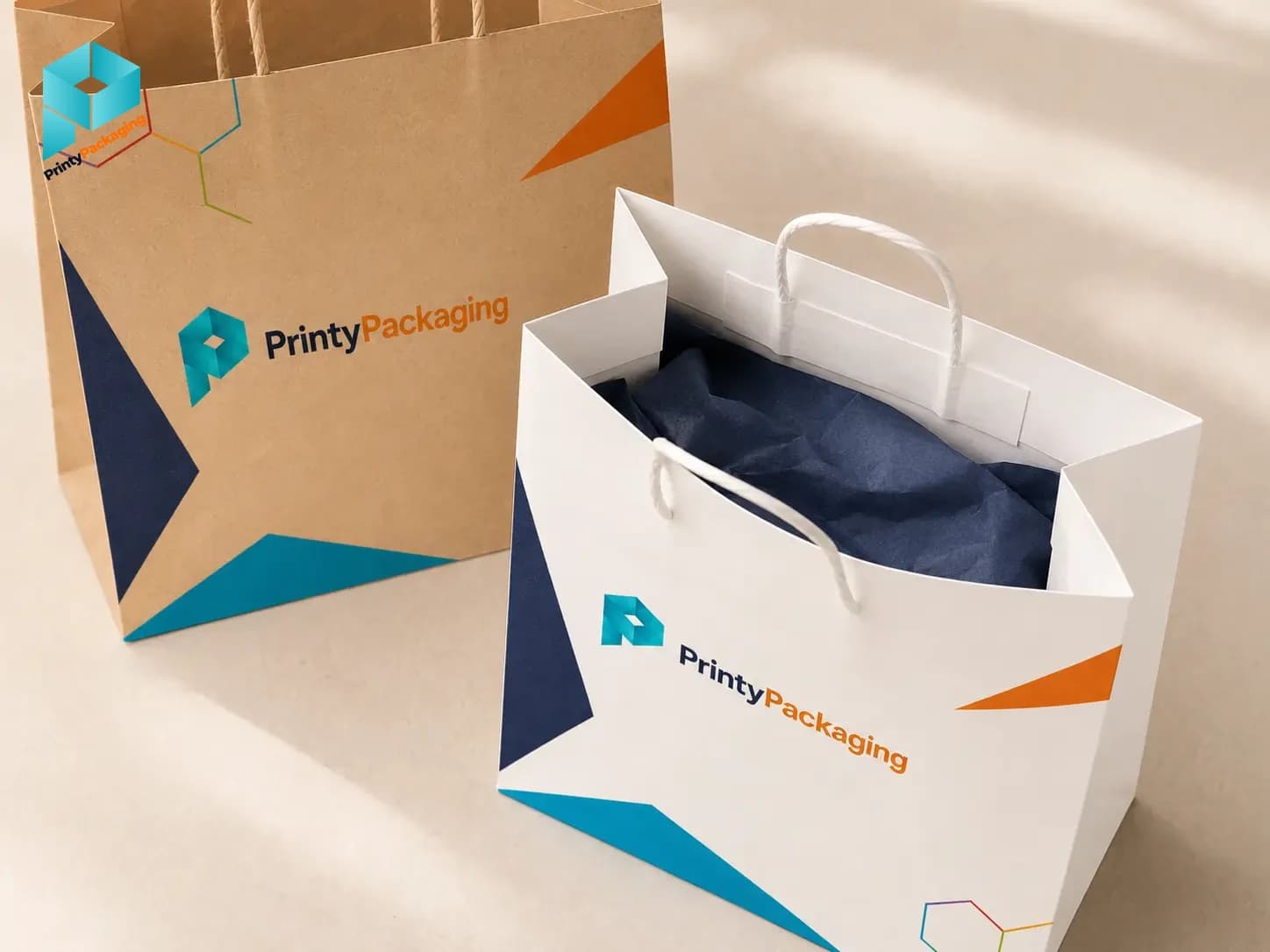 Open branded paper bags showing the inside and handles