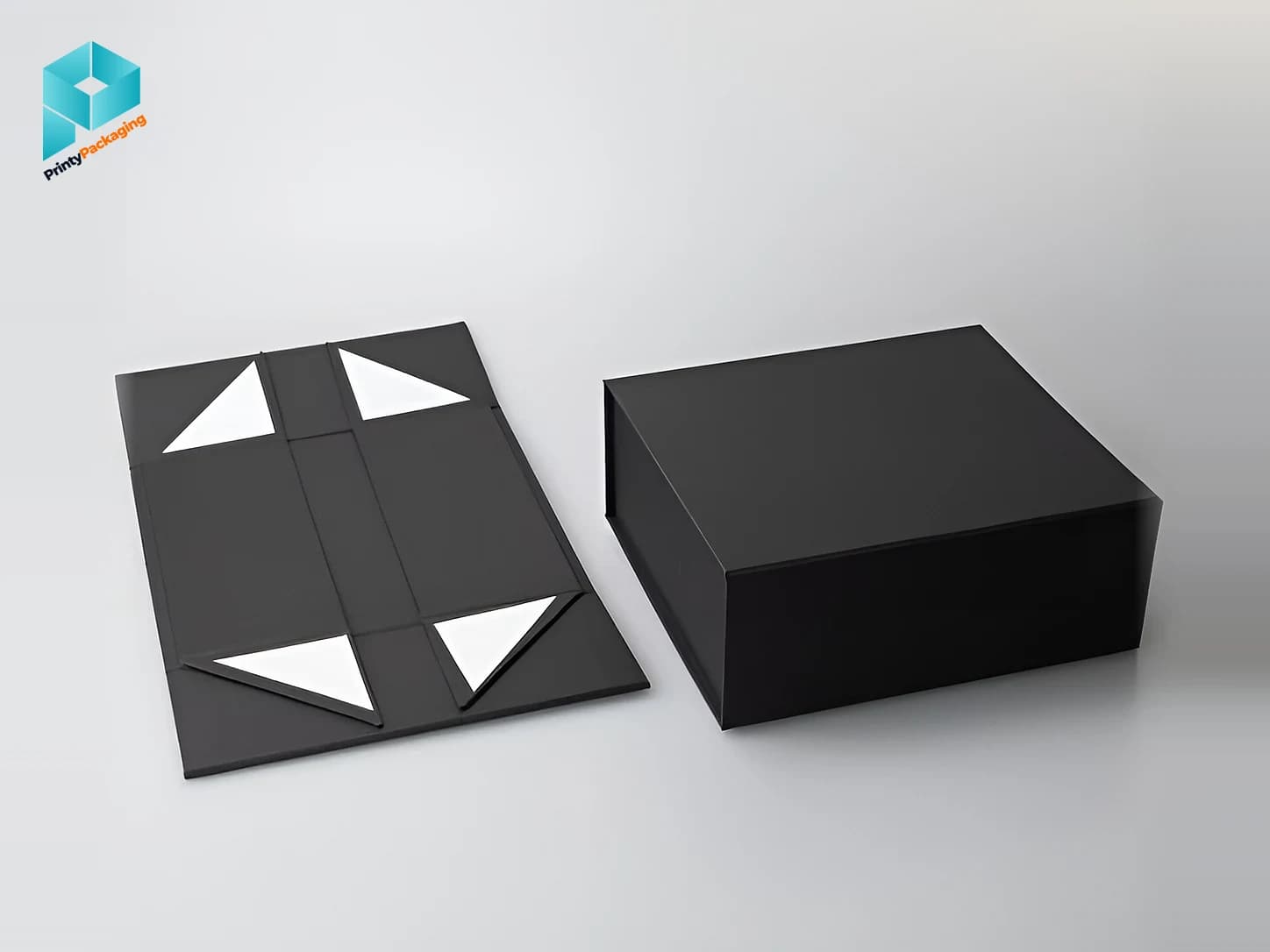 Black collapsible rigid box shown flat and assembled