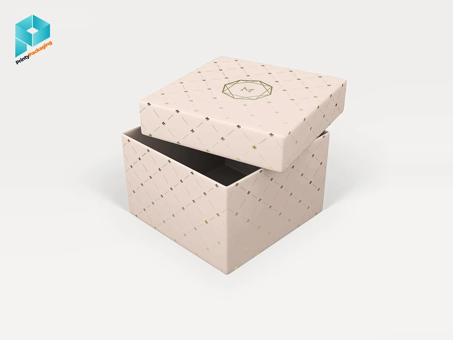 Two-piece lid and base rigid box with a printed pattern