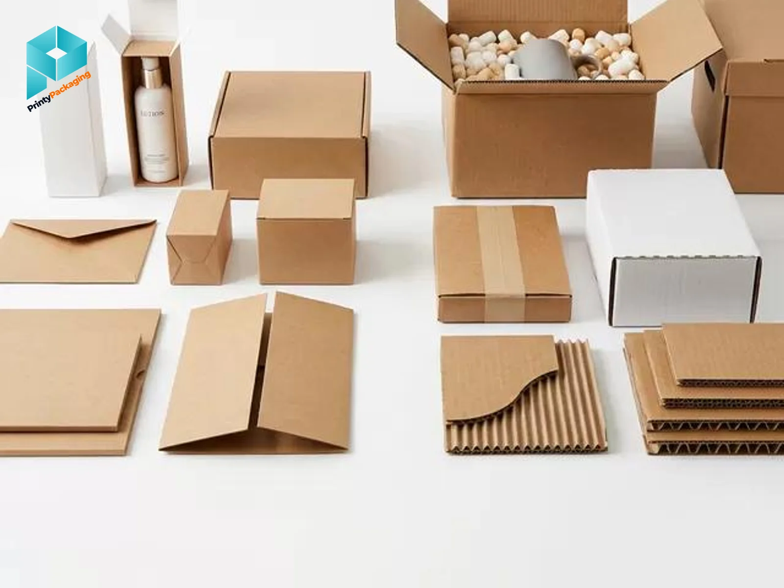 Corrugated mailer and shipping boxes in different sizes laid out side by side
