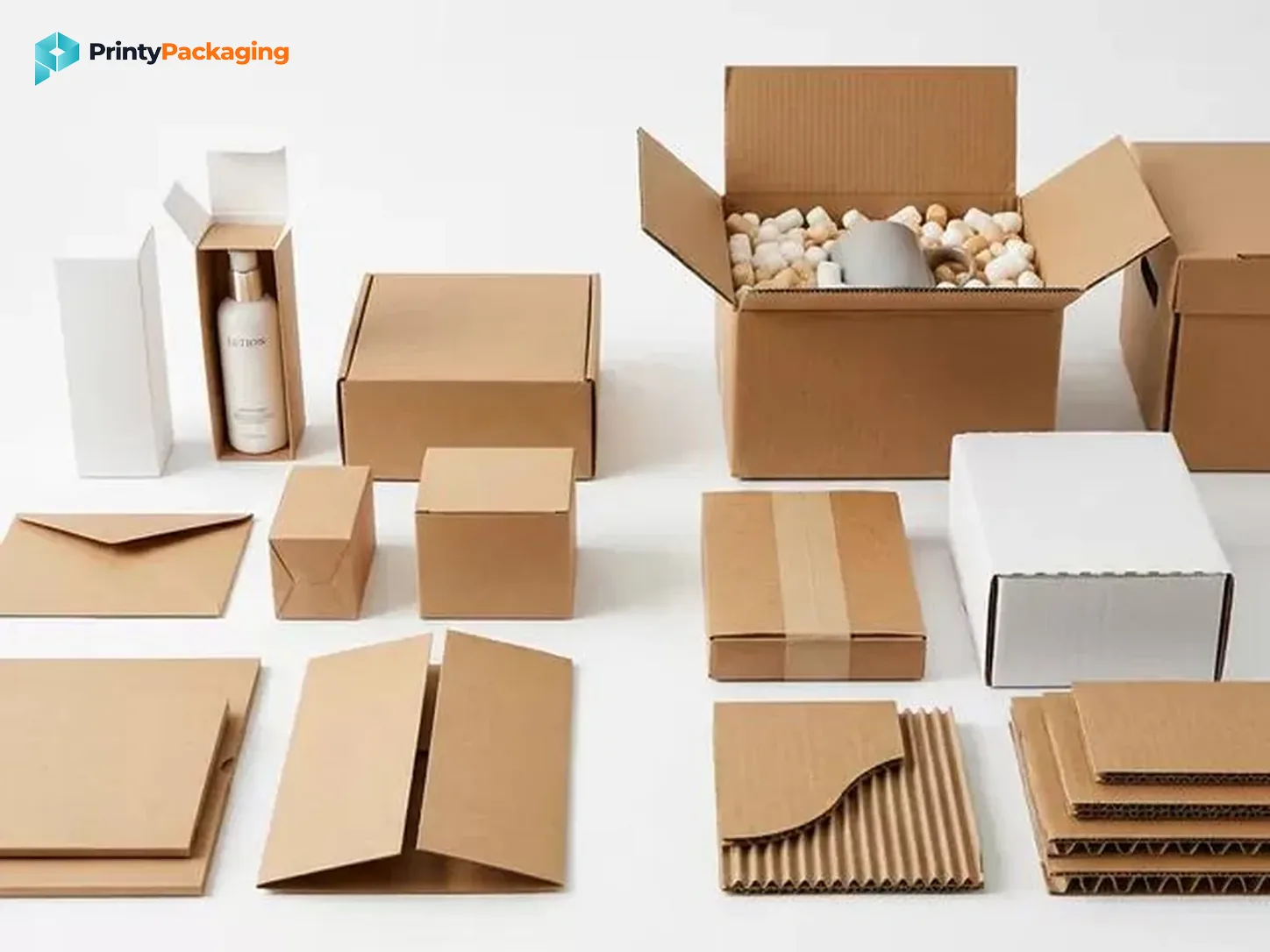 Folding cartons, kraft mailers and corrugated shippers on a white surface