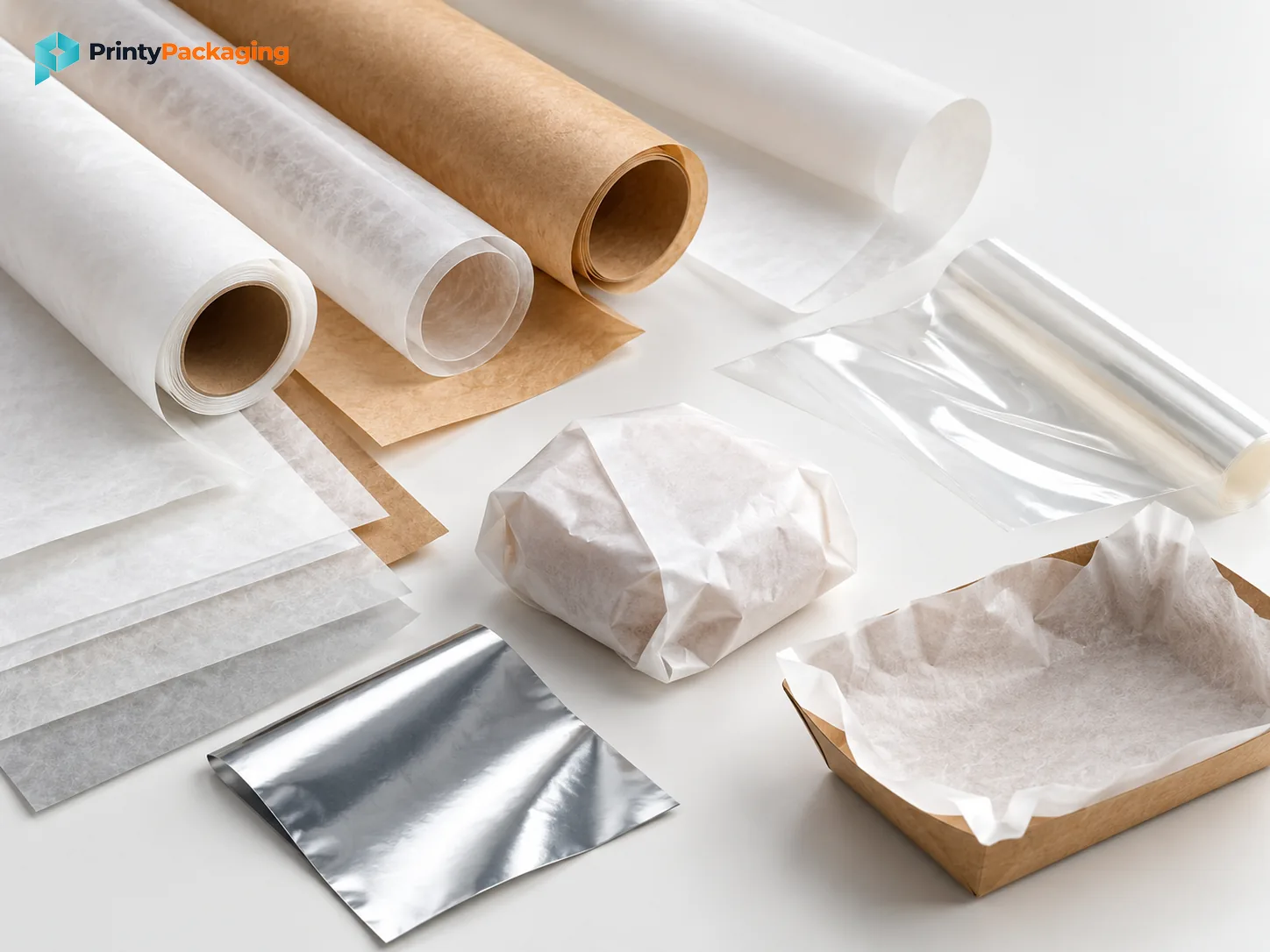 White and kraft food wrapping papers, clear film and foil rolls side by side