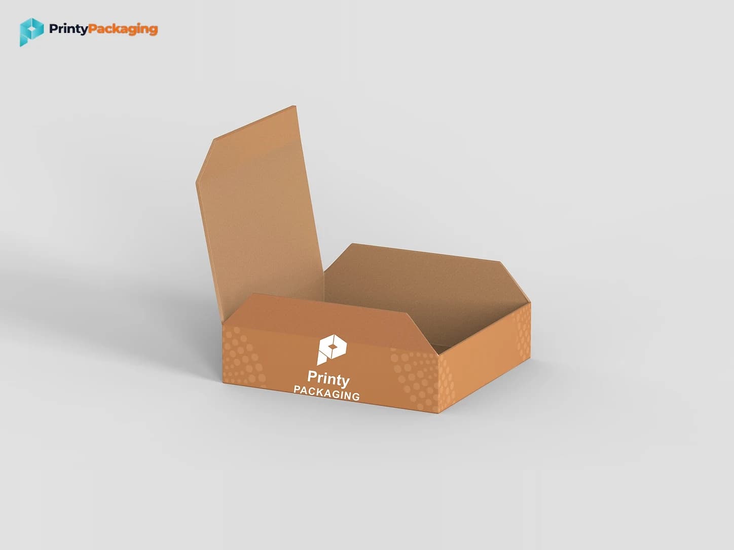 Orange printed cake box with the Printy Packaging logo, lid open