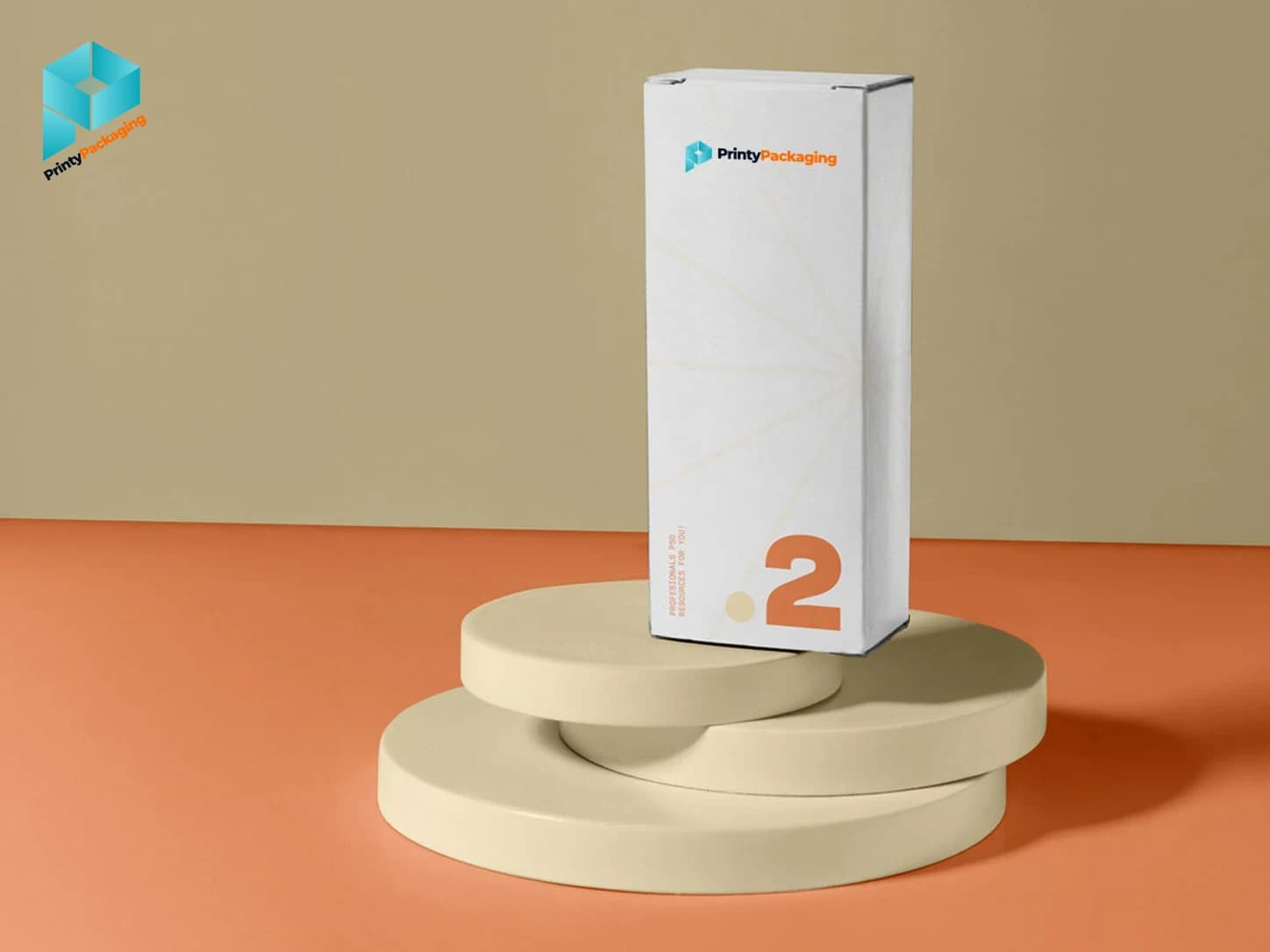 Tall white folding carton standing on a display podium