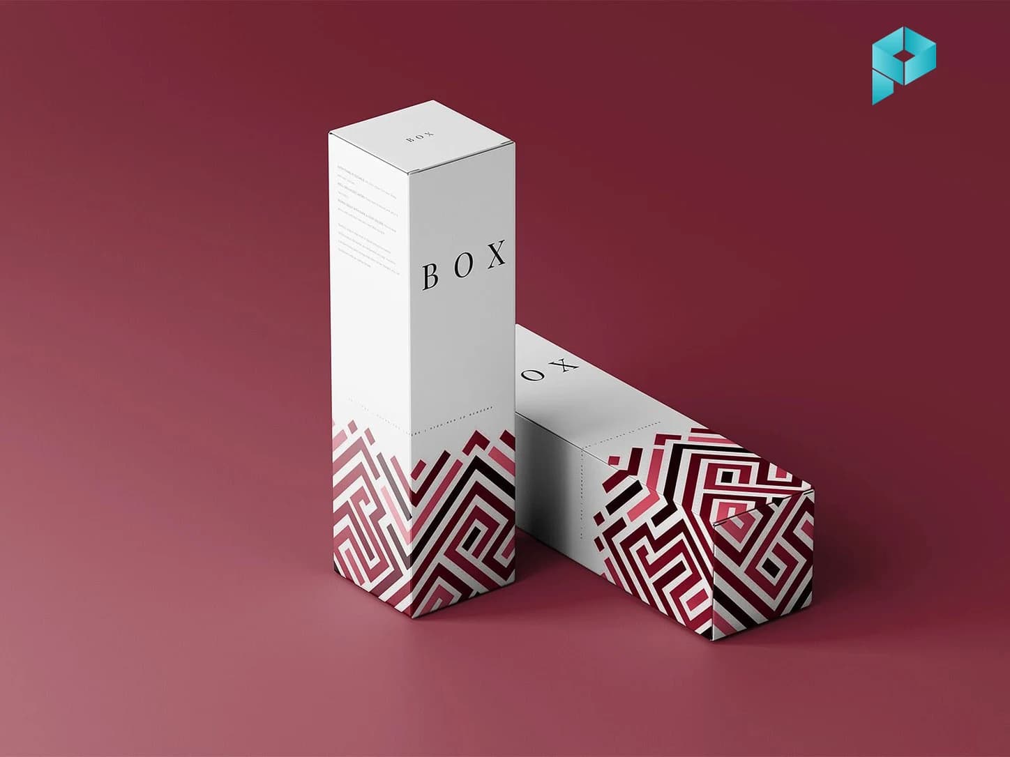 Tall white folding cartons with a printed maze pattern