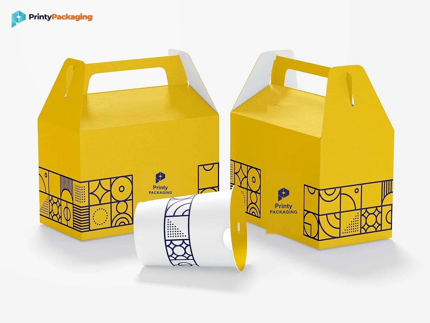 Yellow gable boxes with navy Printy Packaging logos