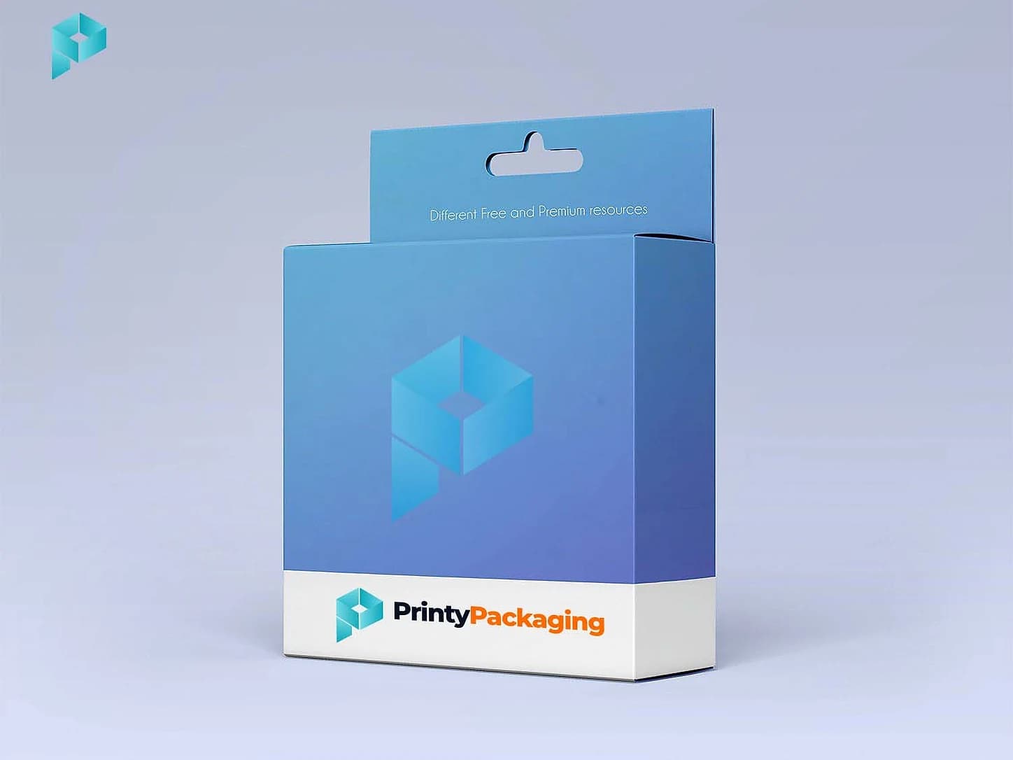 Blue hang tab box with Printy Packaging branding