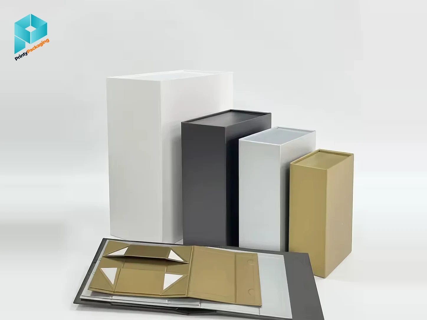 Range of collapsible luxury rigid boxes in white, grey, silver and gold