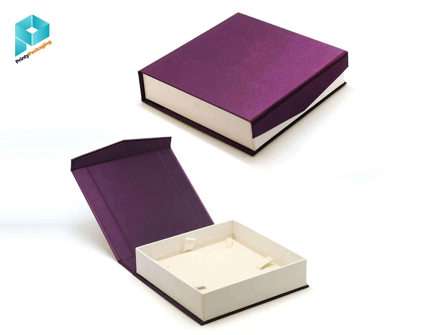 Purple book-style rigid boxes with magnetic closure, one open and one closed